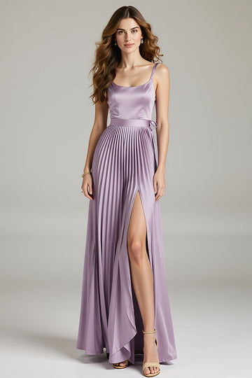 Purple Spaghetti Straps Pleated Satin Evening Dress